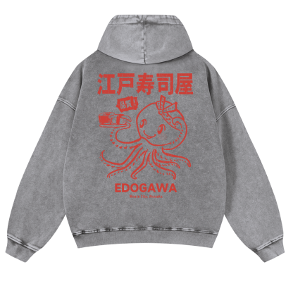 Edogawa  Octopus Vintage Washed Cotton Back Art Hoodie