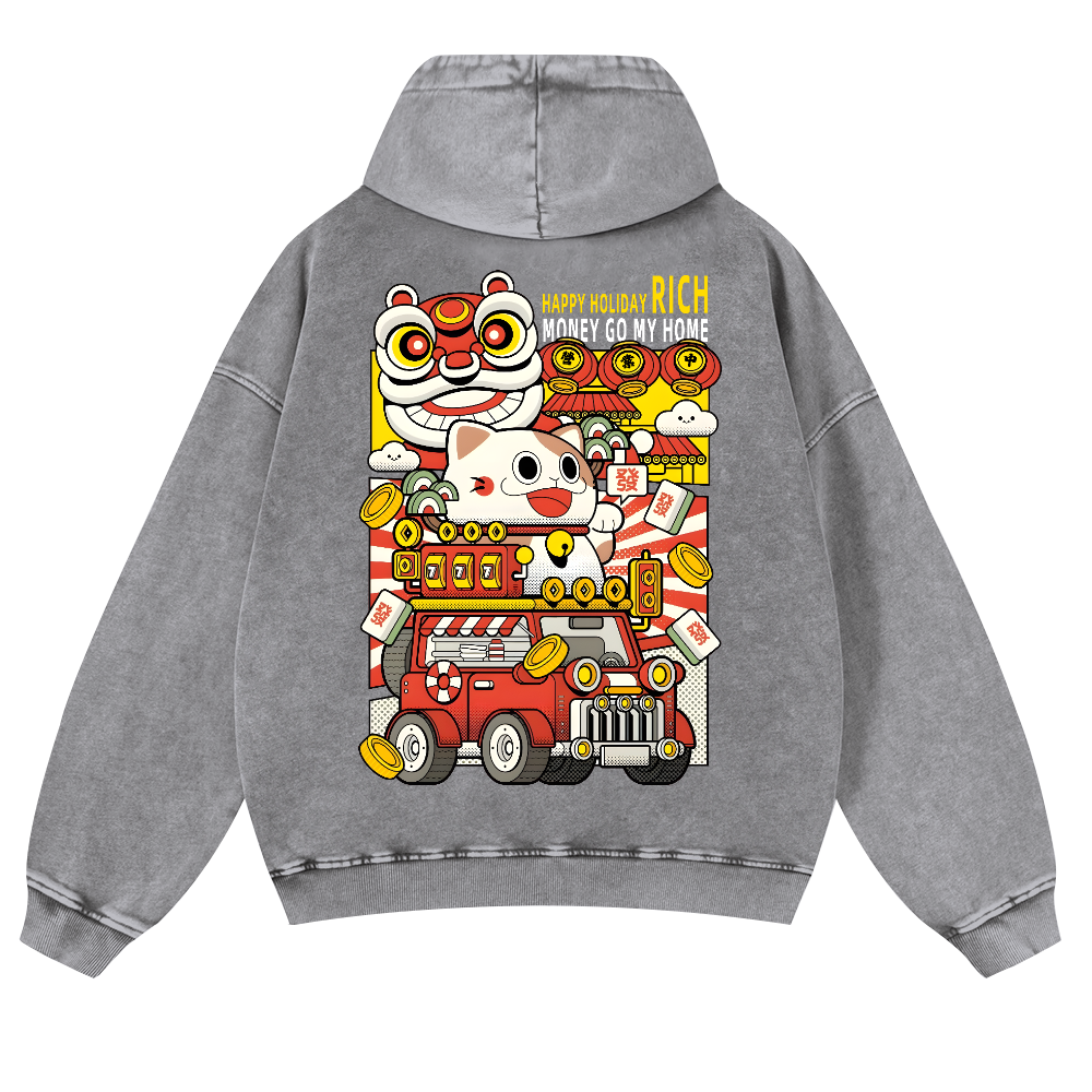 Cat Vintage Washed Cotton Back Art Hoodie