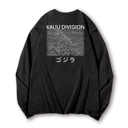 Kaiju Godzilla Monster Division Vintage Washed Cotton Back Art Long-sleeve T-shirt