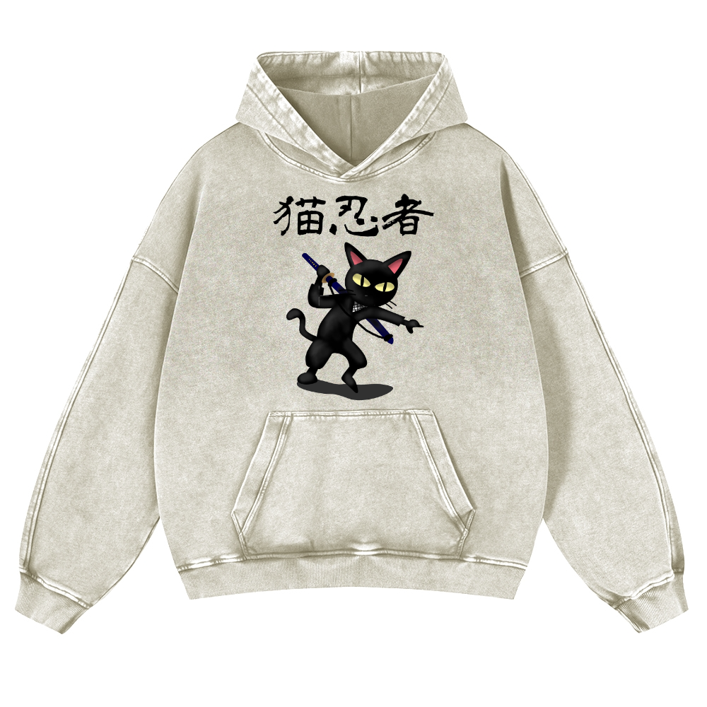 Cat Ninja Vintage Washed Thick Cotton Hoodie