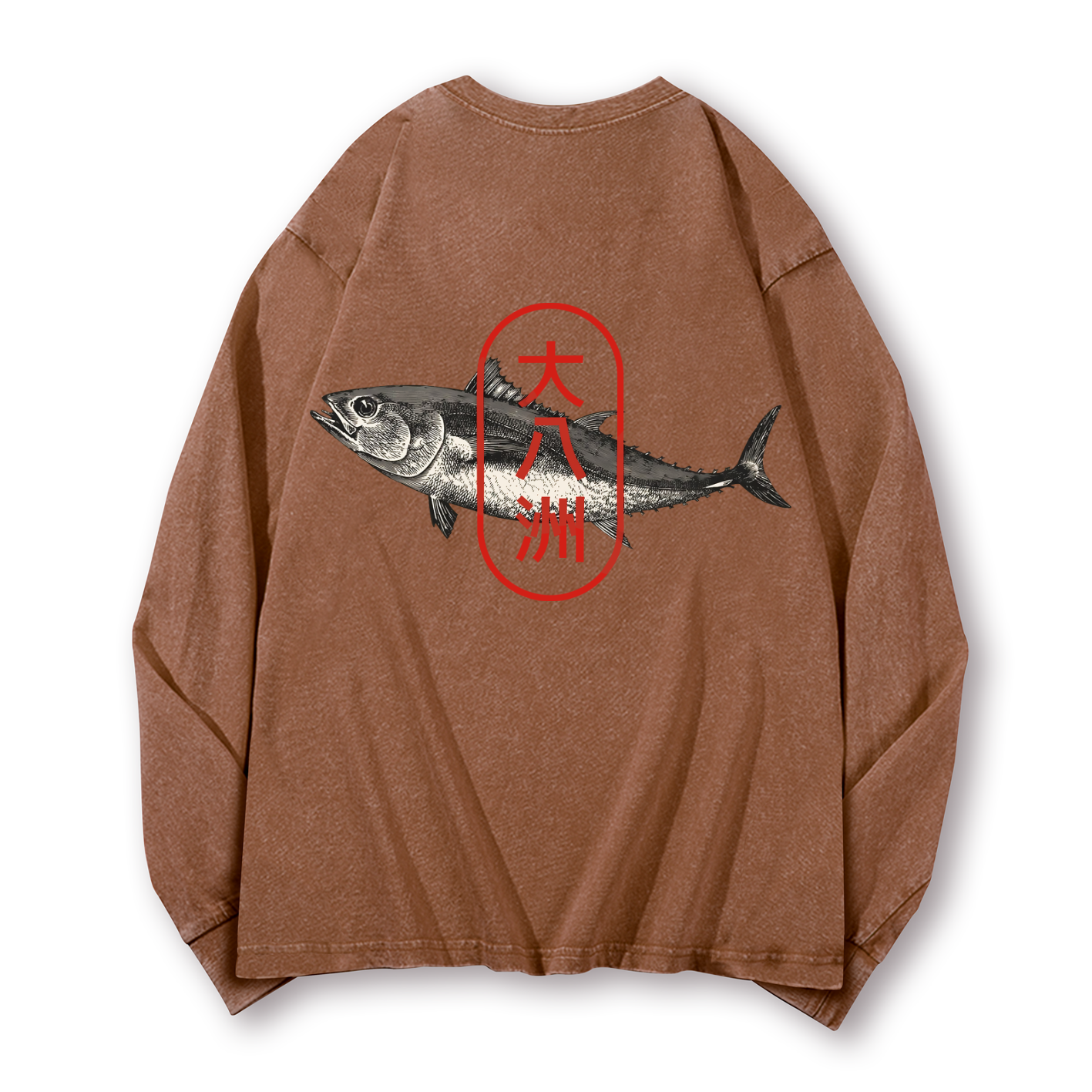 Great Eight Islands of Japan Tuna Fish Vintage Washed Cotton Back Art Long-sleeve T-shirt