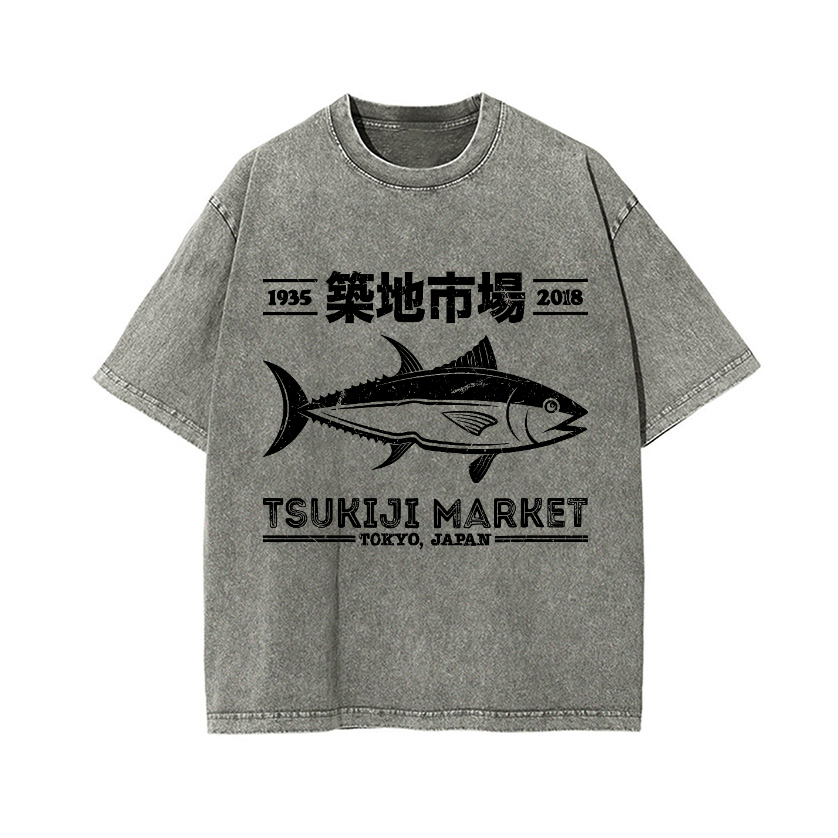 Tsukiji Market Tokyo Japan Fish Vintage Wash Japanese Design T-Shirt