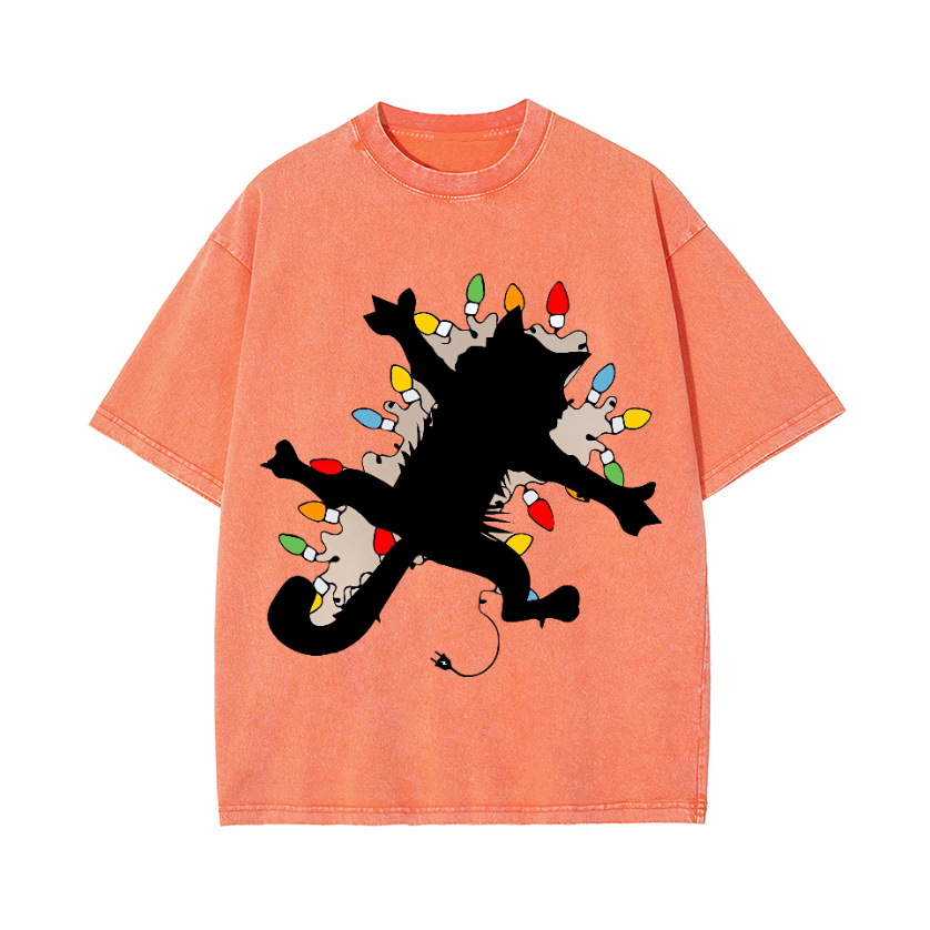 Cat Silhouette and Colorful Bulbs Vintage Wash Japanese Design T-Shirt