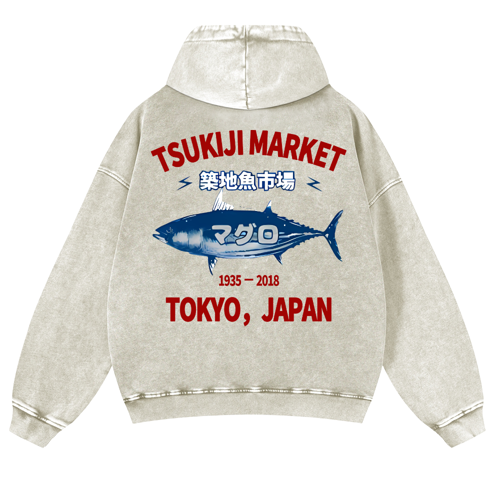 Tsukiji Market Tuna Fish Tokyo Japan Vintage Washed Cotton Back Art Hoodie