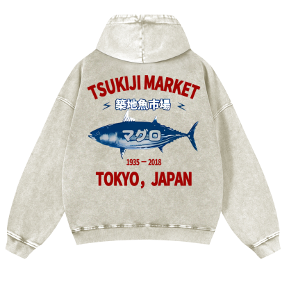 Tsukiji Market Tuna Fish Tokyo Japan Vintage Washed Cotton Back Art Hoodie