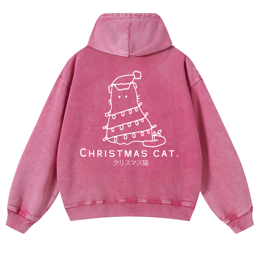 Christmas Cat Vintage Washed Cotton Back Art Hoodie