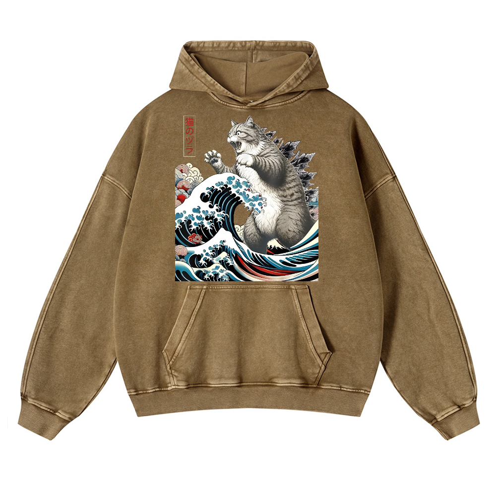 Cat Godzilla Ukiyoe Great Wave Vintage Washed Thick Cotton Hoodie