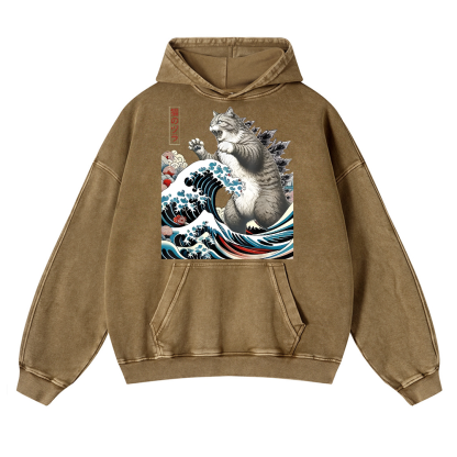 Cat Godzilla Ukiyoe Great Wave Vintage Washed Thick Cotton Hoodie