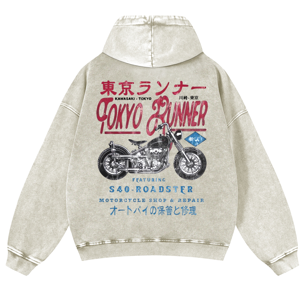 Kawasaki Motorcycle Vintage Washed Cotton Back Art Hoodie