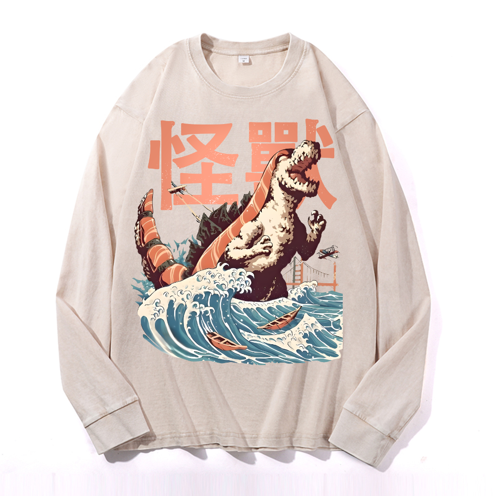 Godzilla Sushi Monster Wave Vintage Cotton Wash Crewneck Sweatshirt