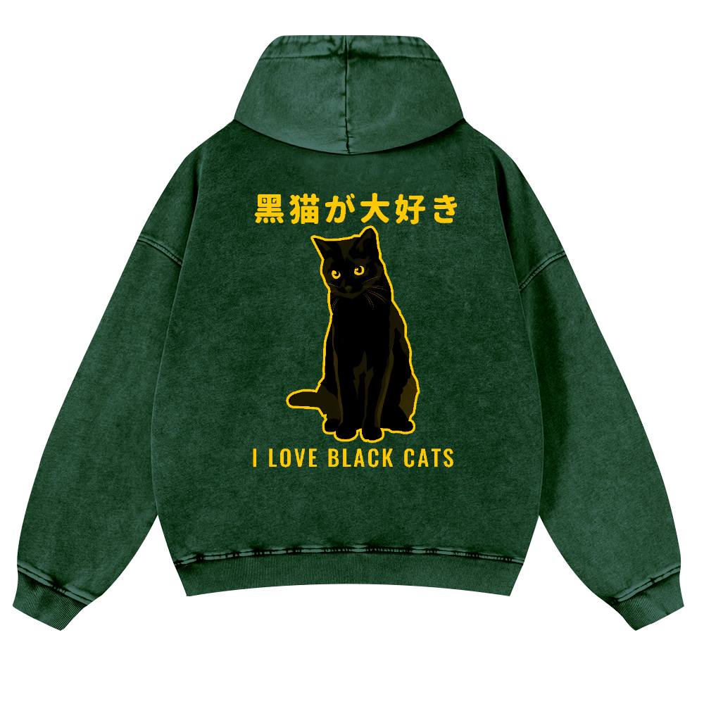 Black Cat Vintage Washed Cotton Back Art Hoodie