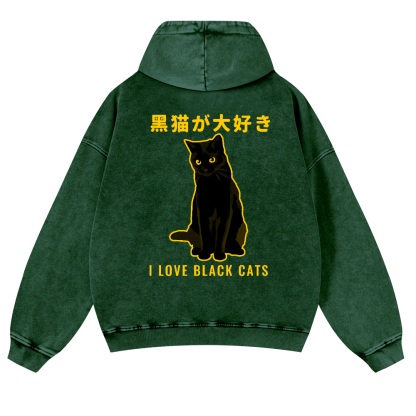 Black Cat Vintage Washed Cotton Back Art Hoodie