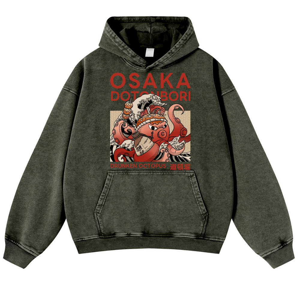 Osaka Dotonbori Drunken Octopus Vintage Washed Thick Cotton Hoodie