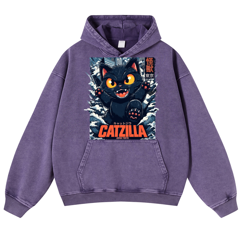 Catzilla Cat Godzilla Vintage Washed Thick Cotton Hoodie