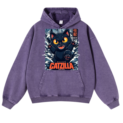 Catzilla Cat Godzilla Vintage Washed Thick Cotton Hoodie
