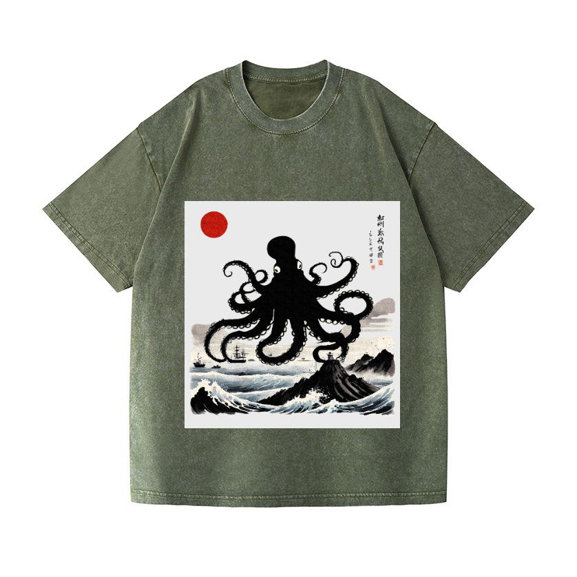 The Giant Octopus in the Sea Vintage Wash Japanese Design T-Shirt