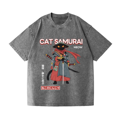 Cat Samurai Vintage Wash Japanese Design T-Shirt