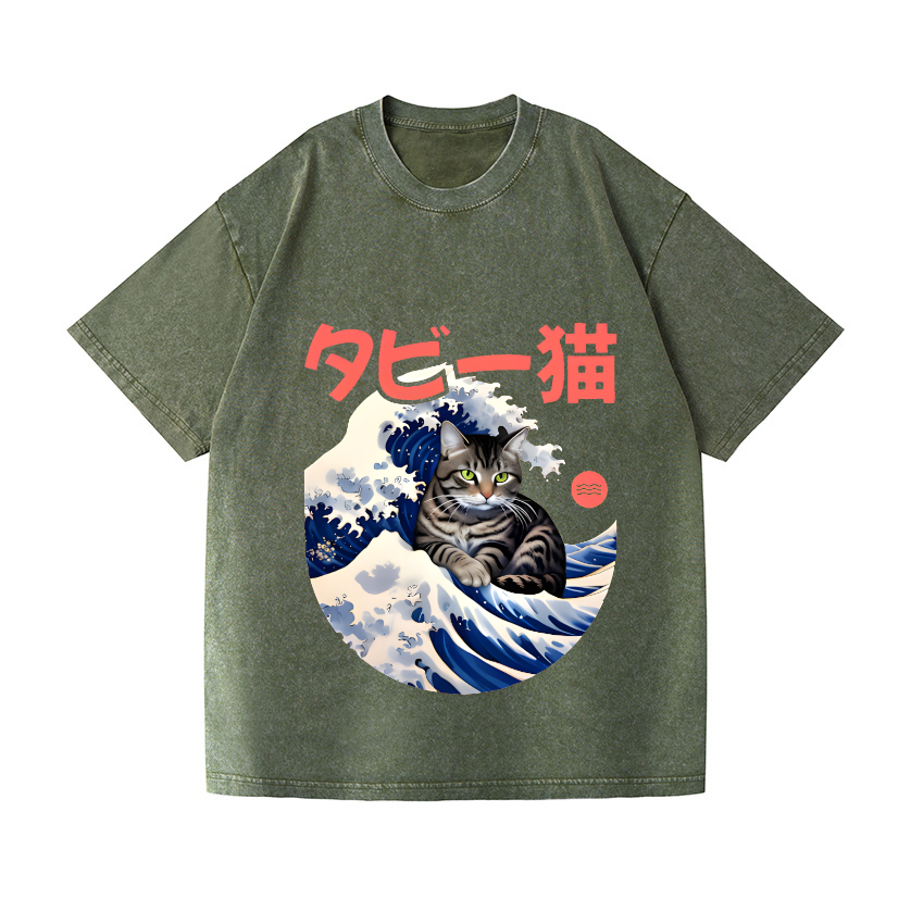 Cat Wave Vintage Wash Japanese Design T-Shirt