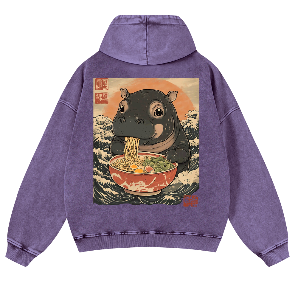 Hippo Ramen Ukiyoe Vintage Washed Cotton Back Art Hoodie