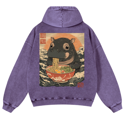 Hippo Ramen Ukiyoe Vintage Washed Cotton Back Art Hoodie