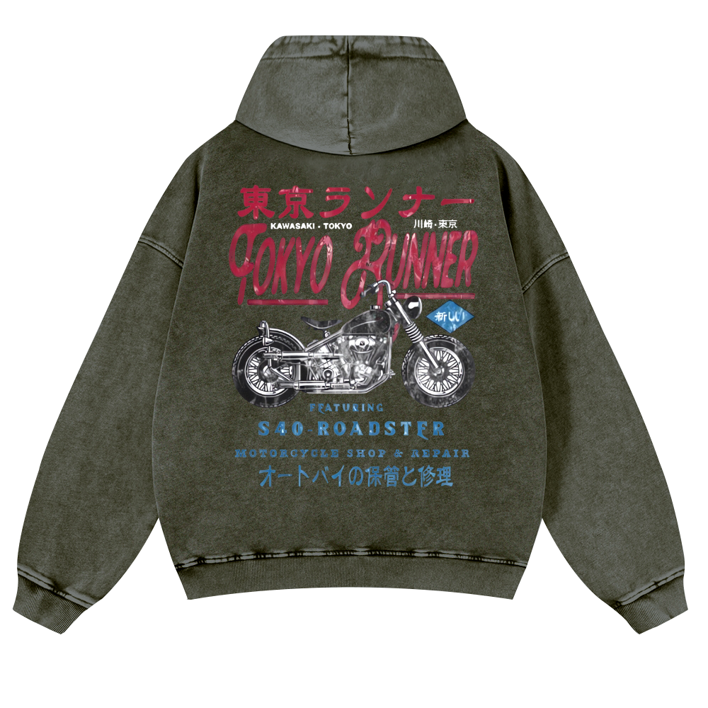 Kawasaki Motorcycle Vintage Washed Cotton Back Art Hoodie