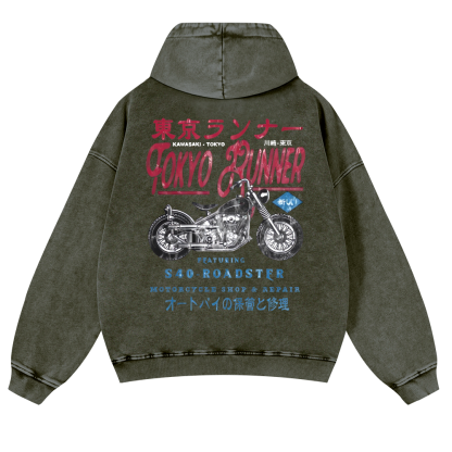 Kawasaki Motorcycle Vintage Washed Cotton Back Art Hoodie