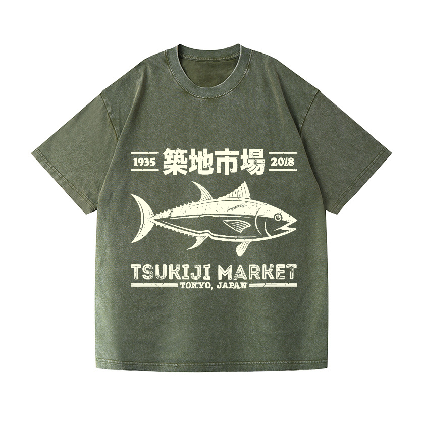 Tsukiji Market Tokyo Japan Fish Vintage Wash Japanese Design T-Shirt
