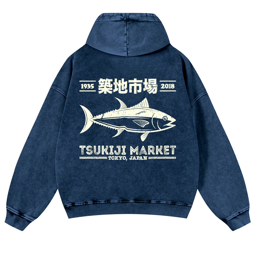 Tsukiji Market Tokyo Japan Fish Vintage Washed Cotton Back Art Hoodie