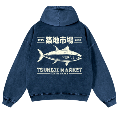 Tsukiji Market Tokyo Japan Fish Vintage Washed Cotton Back Art Hoodie