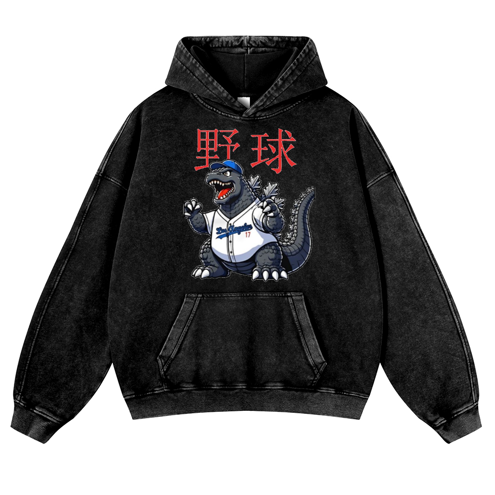 Godzilla's Baseball Adventure Vintage Washed Thick Cotton Hoodie
