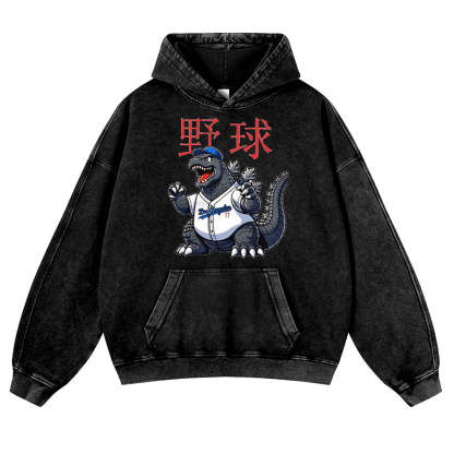 Godzilla's Baseball Adventure Vintage Washed Thick Cotton Hoodie
