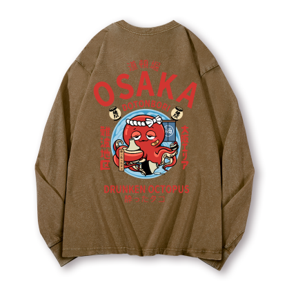 Osaka Dotonbori Drunken Octopus Vintage Washed Cotton Back Art Long-sleeve T-shirt