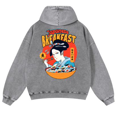 Geisha Fish Sushi Vintage Washed Cotton Back Art Hoodie