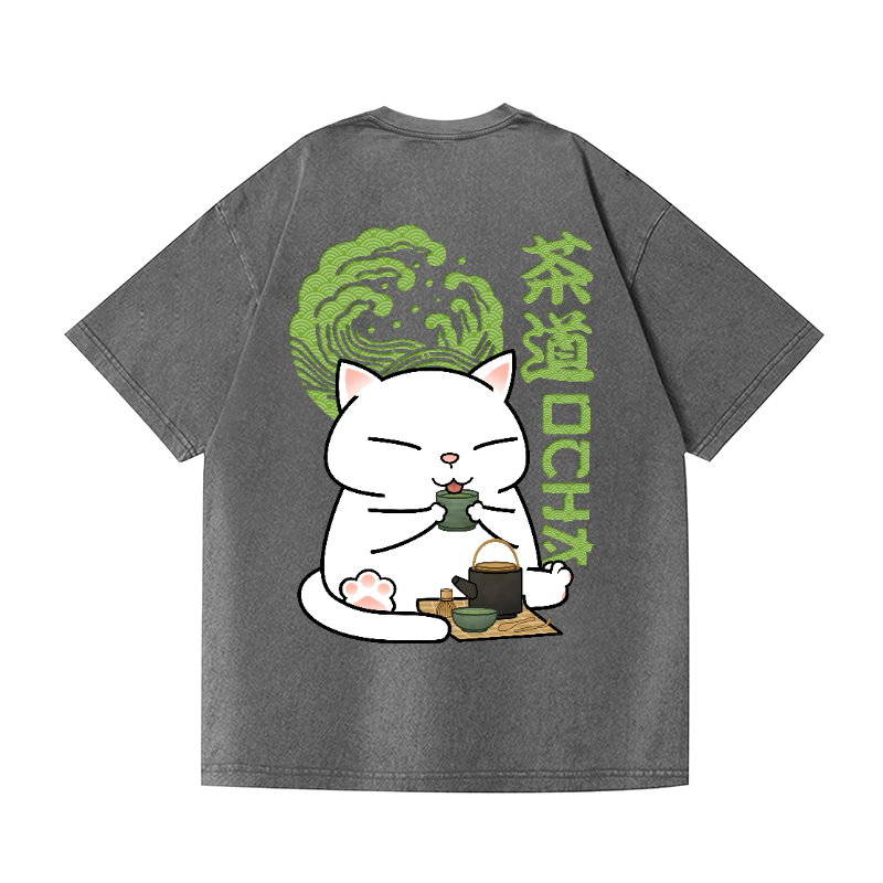 Tea Ceremony Cat Vintage Wash Japanese Design Back Art T-Shirt