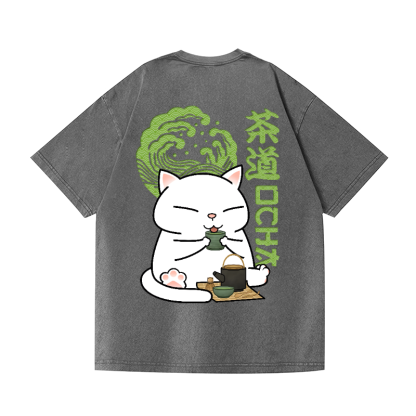 Tea Ceremony Cat Vintage Wash Japanese Design Back Art T-Shirt