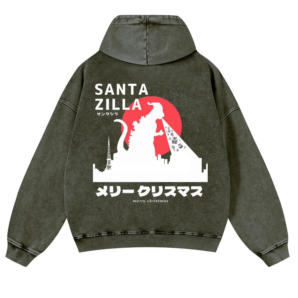 Christmas Godzilla Vintage Washed Cotton Back Art Hoodie