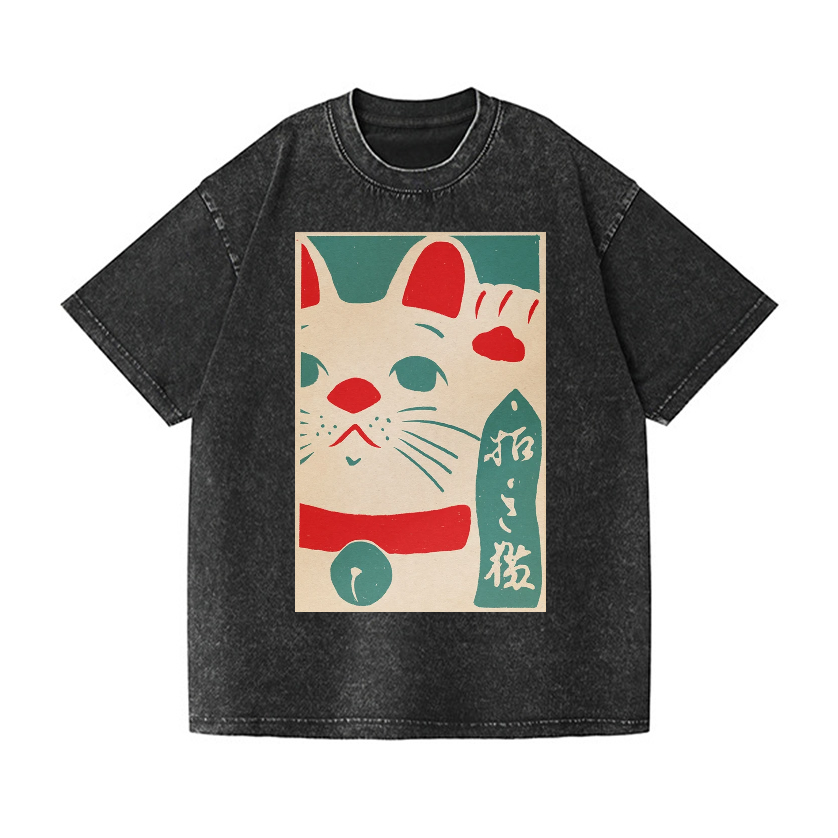 Lucky Cat Vintage Wash Japanese Design T-Shirt