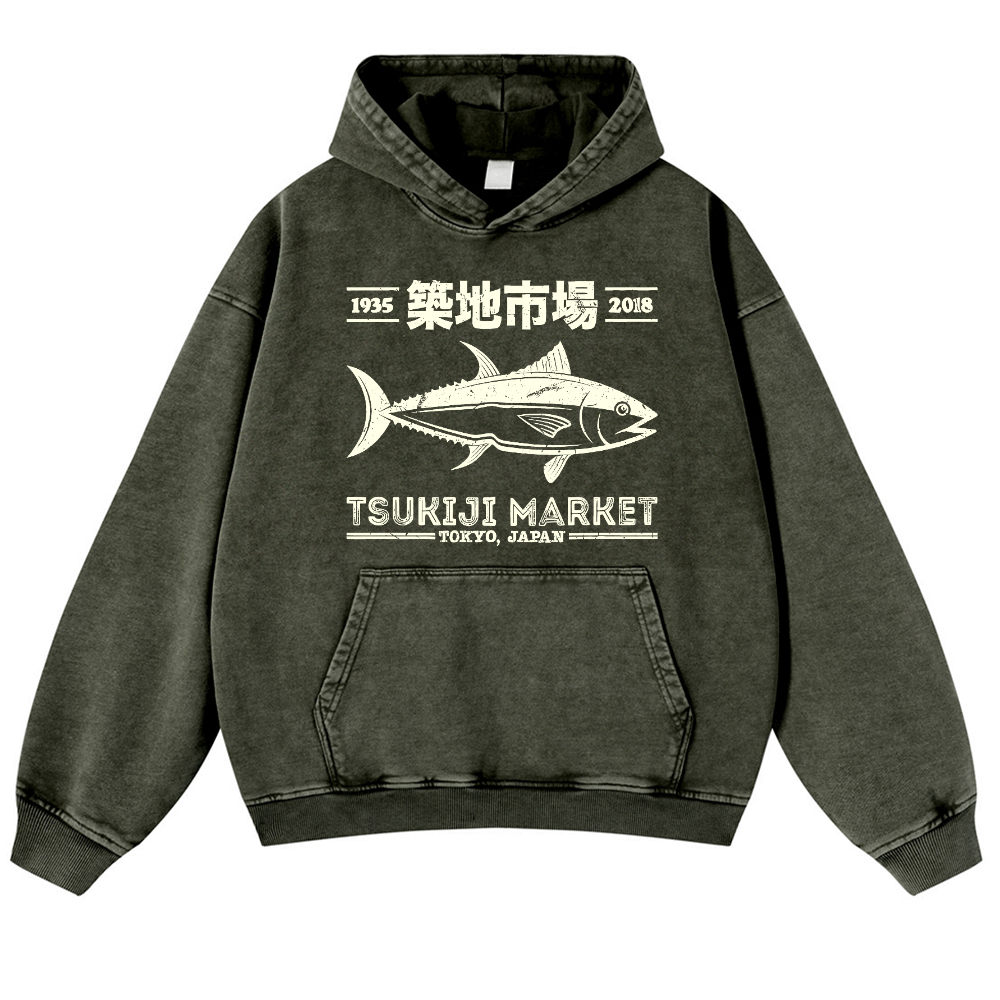 Tsukiji Market Tuna Fish Vintage Washed Thick Cotton Hoodie