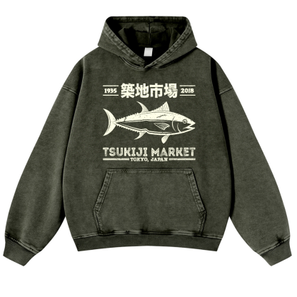 Tsukiji Market Tuna Fish Vintage Washed Thick Cotton Hoodie
