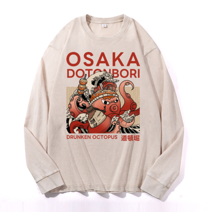 Osaka Dotonbori Drunken Octopus Vintage Cotton Wash Crewneck Sweatshirt