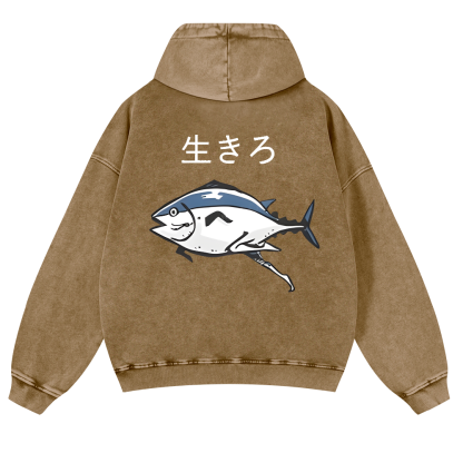 The Living Fish Vintage Washed Cotton Back Art Hoodie