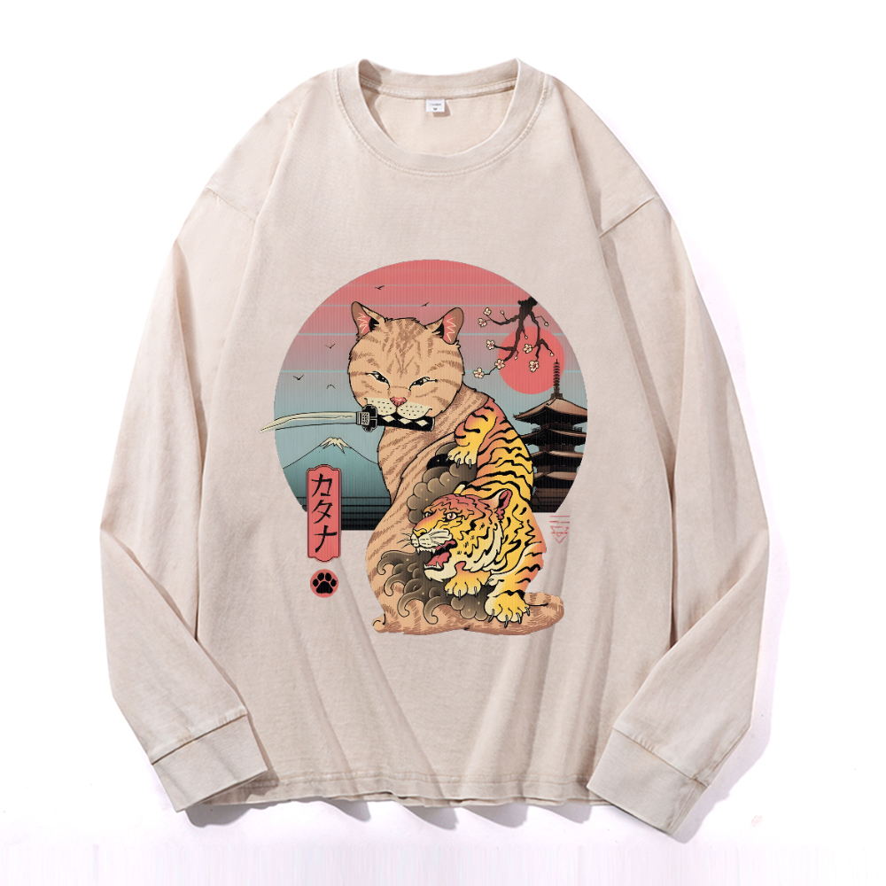 Cat Vintage Cotton Wash Crewneck Long-Sleeve T-Shirt