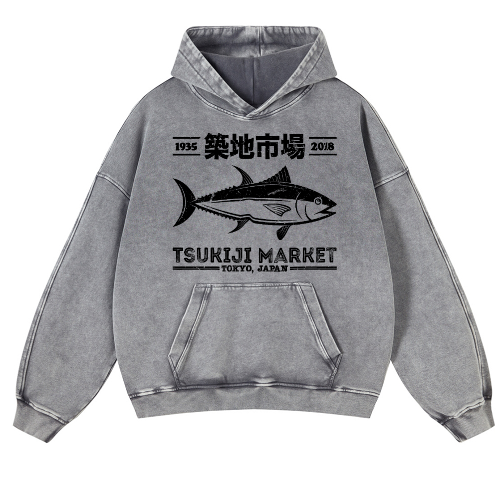 Tsukiji Market Tuna Fish Vintage Washed Thick Cotton Hoodie