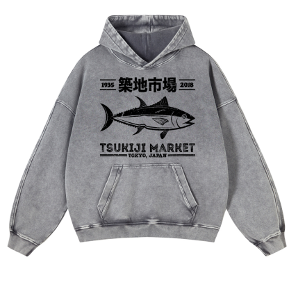 Tsukiji Market Tuna Fish Vintage Washed Thick Cotton Hoodie
