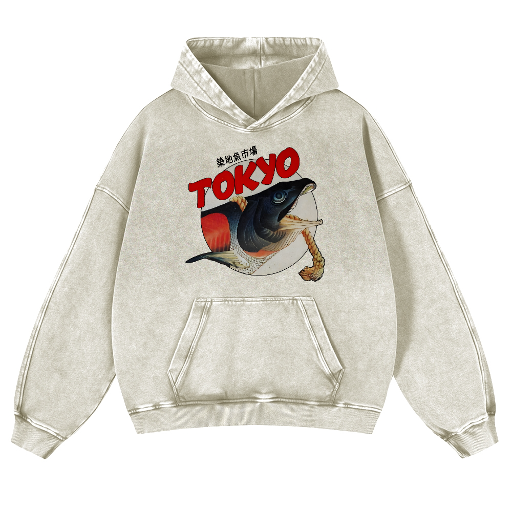 Tsukiji Fish Market Vintage Washed Thick Cotton Hoodie