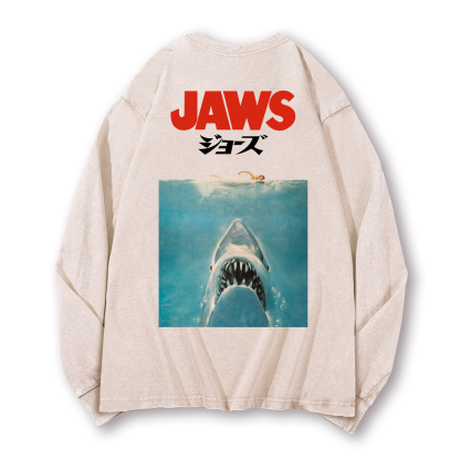 Jaws Shark Vintage Washed Cotton Back Art Long-sleeve T-shirt