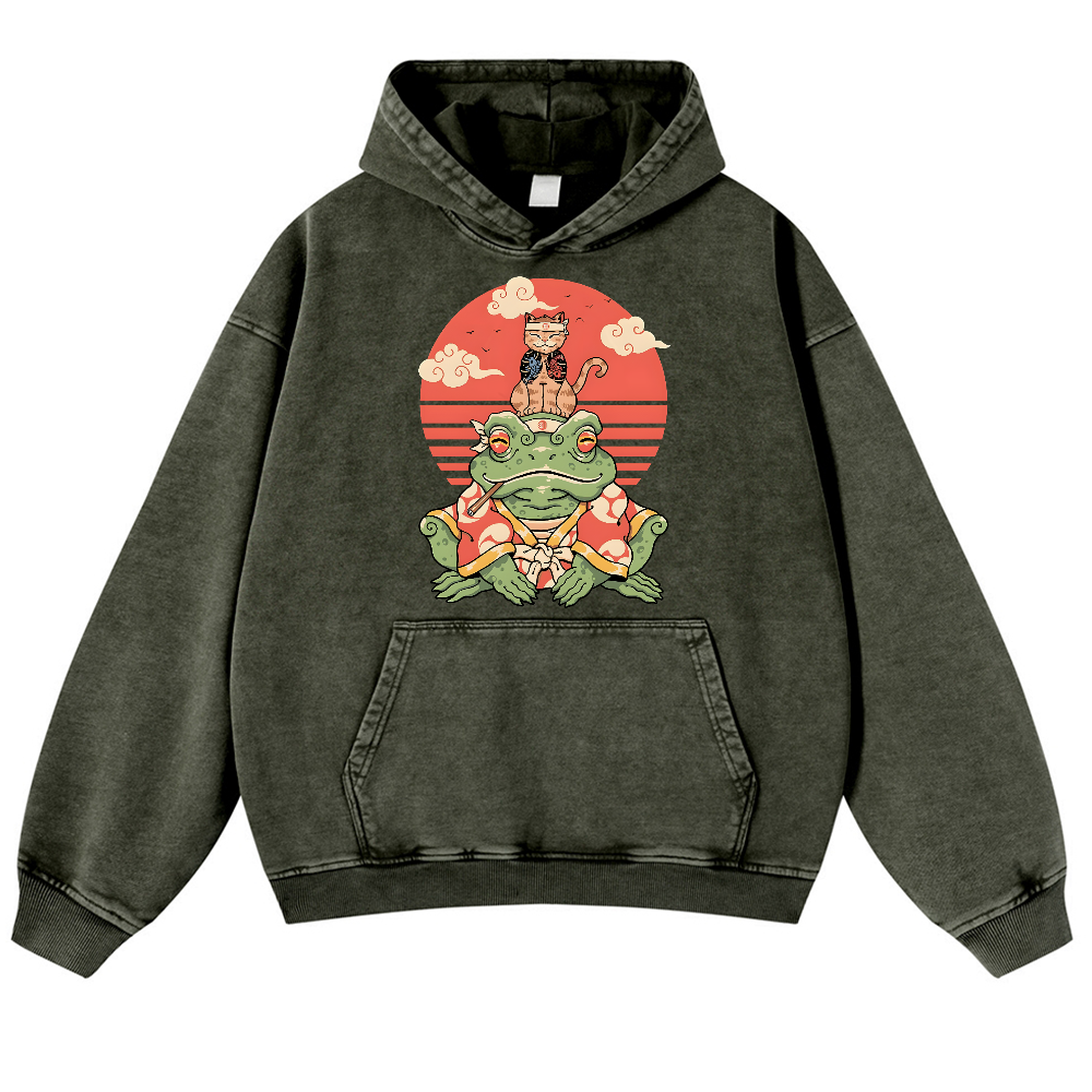 Cat and Frog Vintage Washed Thick Cotton Hoodie
