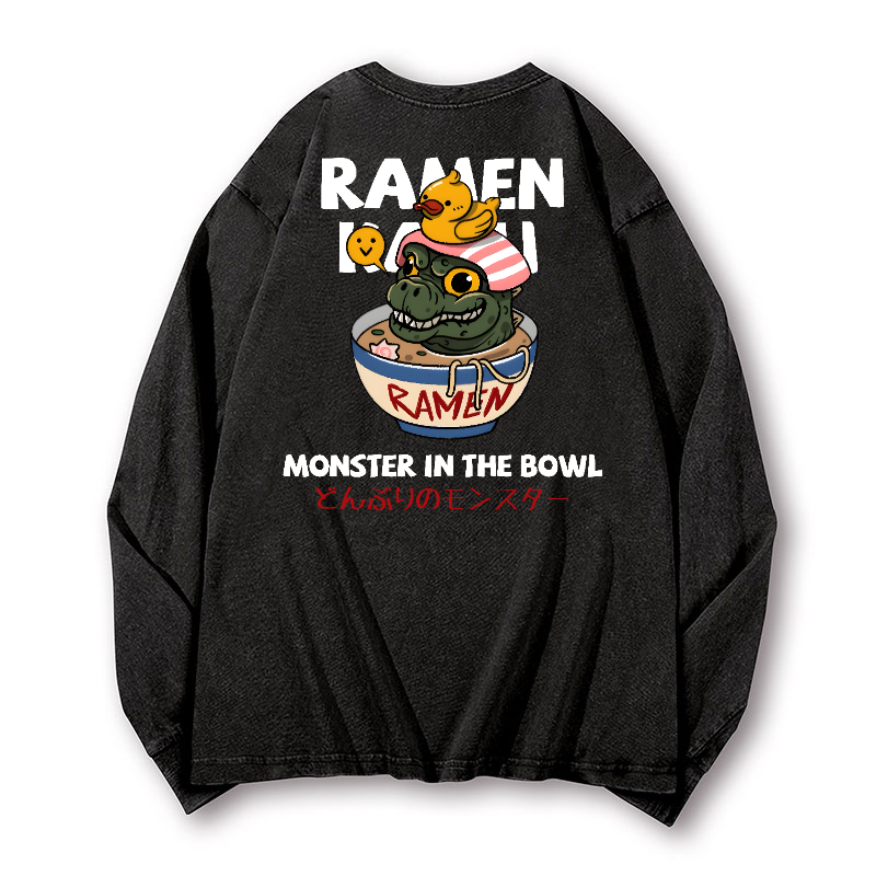 Ramen Godzilla Vintage Washed Cotton Back Art Long-sleeve T-shirt