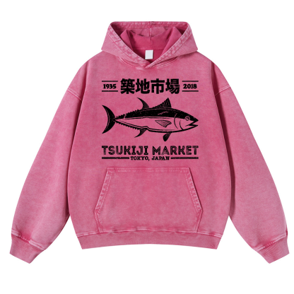 Tsukiji Market Tuna Fish Vintage Washed Thick Cotton Hoodie