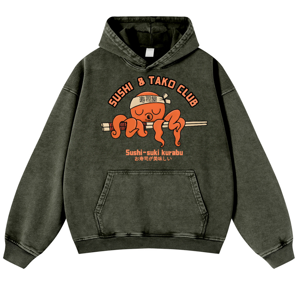 Sushi and Tako Octopus Vintage Washed Thick Cotton Hoodie